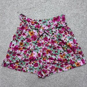 Floral High Waist Women's Shorts - Pink, Green, and Orange